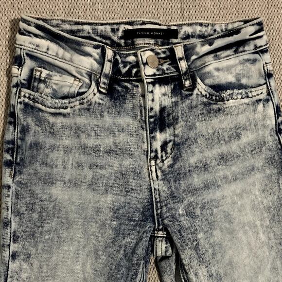 Flying Monkey Super Flare Jeans Women 24"X30" Acid Wash High Rise Distressed - Picture 3 of 11